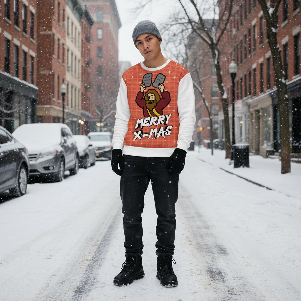 Person wearing a festive (ugly christmas) sweater on a snowy street