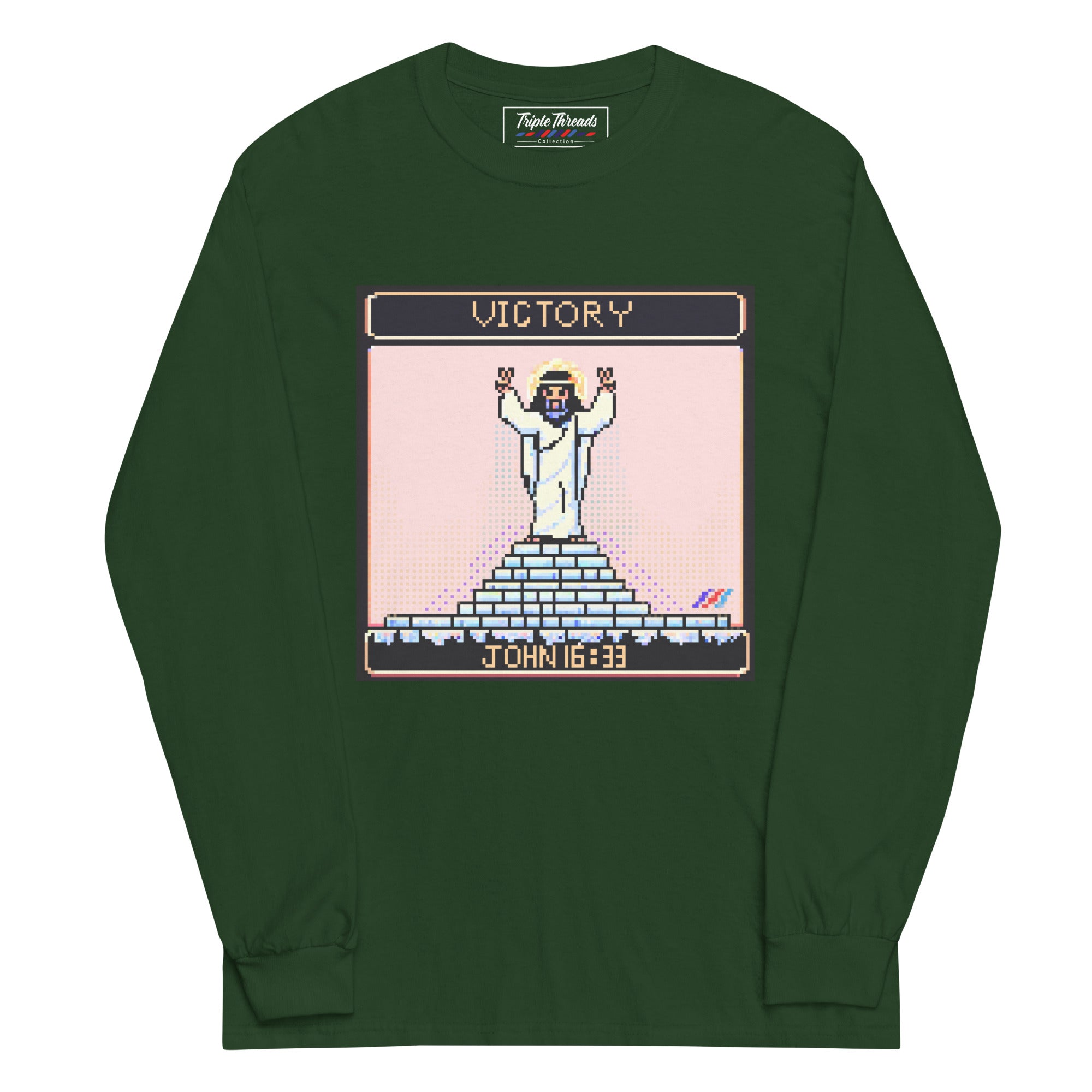 "Victory in Jesus" 8-Bit Christian Long Sleeve Shirt  | Triple Threads Collection