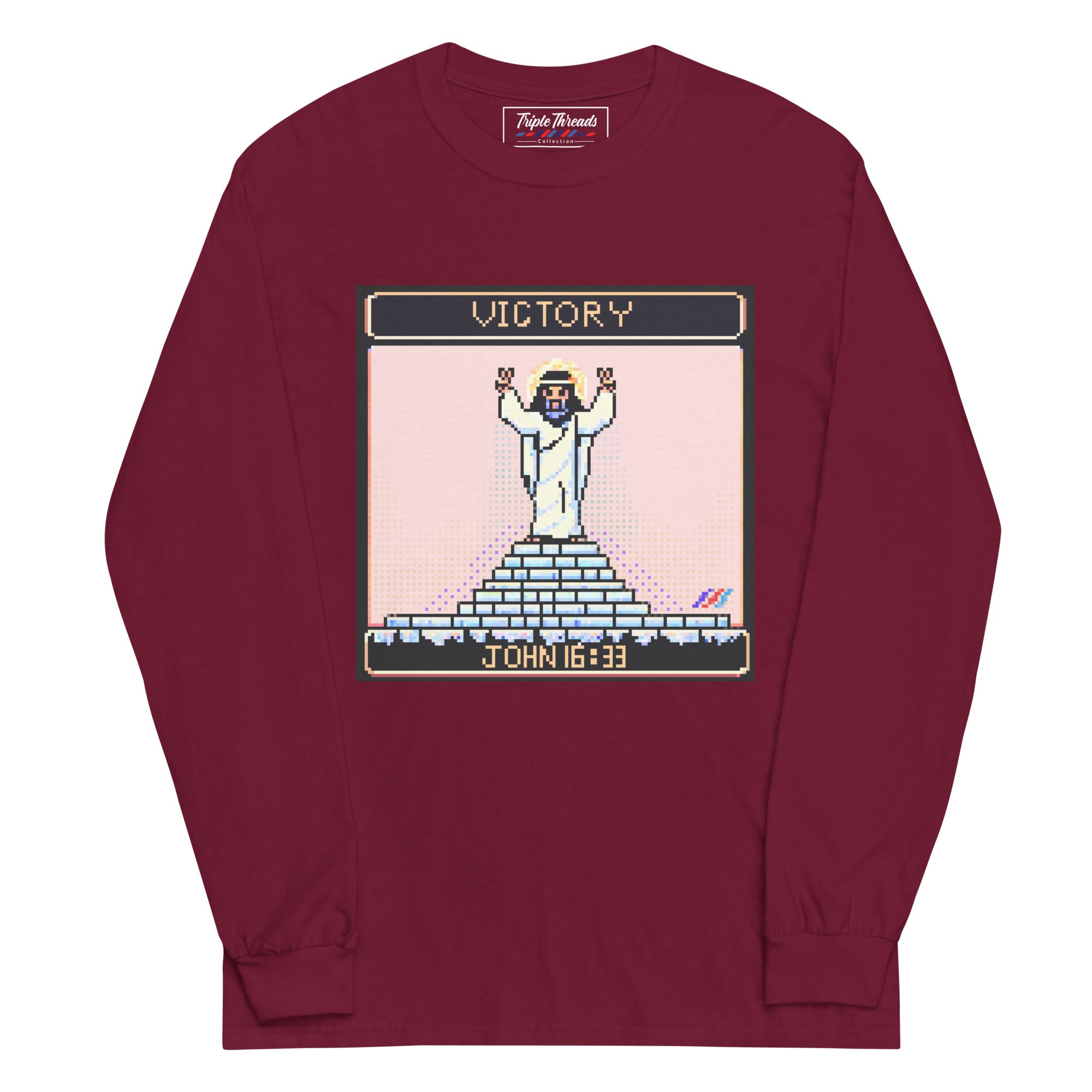 "Victory in Jesus" 8-Bit Christian Long Sleeve Shirt  | Triple Threads Collection