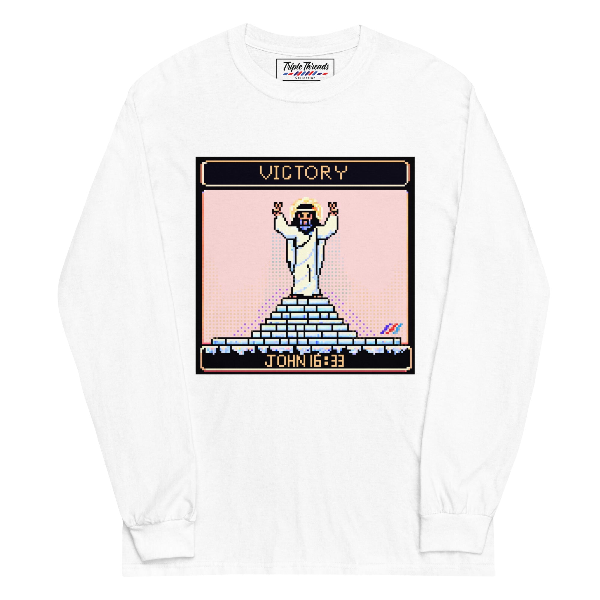 "Victory in Jesus" 8-Bit Christian Long Sleeve Shirt  | Triple Threads Collection