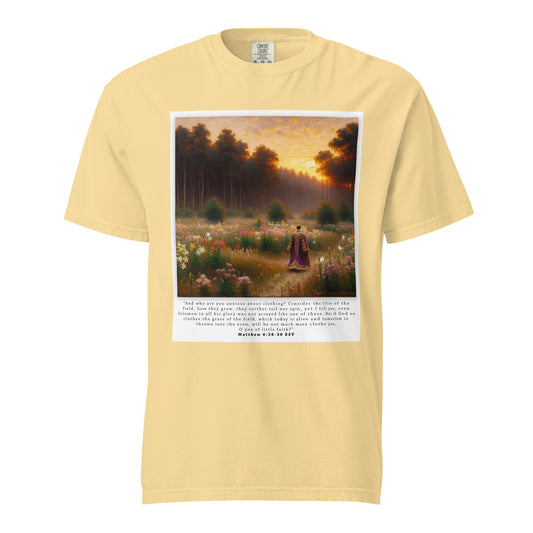 Fields of Lilies Christian T-Shirt (Matthew 6:28-30) | Triple Threads Collection