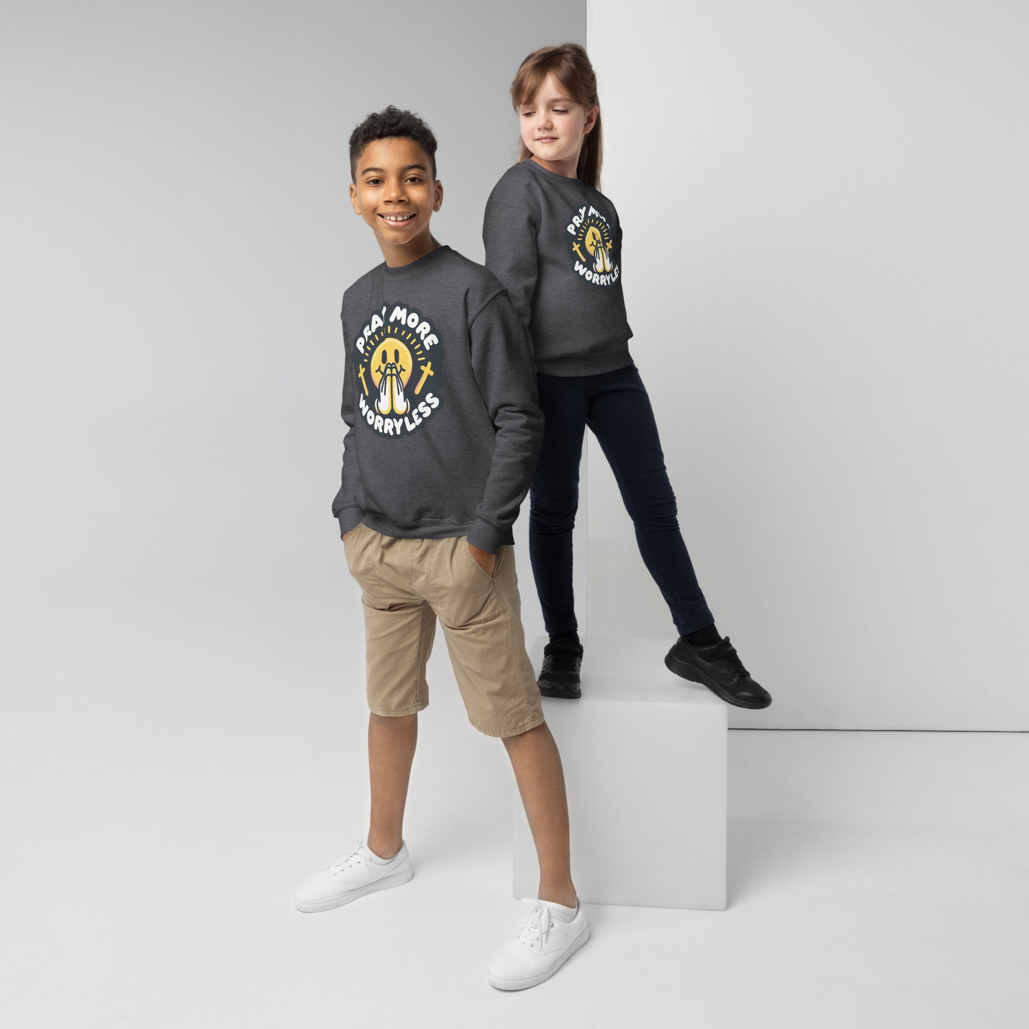"Pray More, Worry Less" Christian, Faith Based Crewneck for Youth