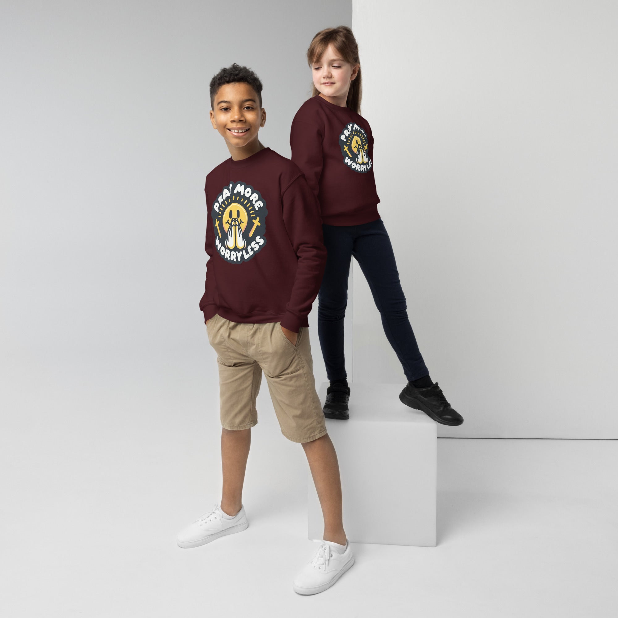 "Pray More, Worry Less" Christian, Faith Based Crewneck for Youth