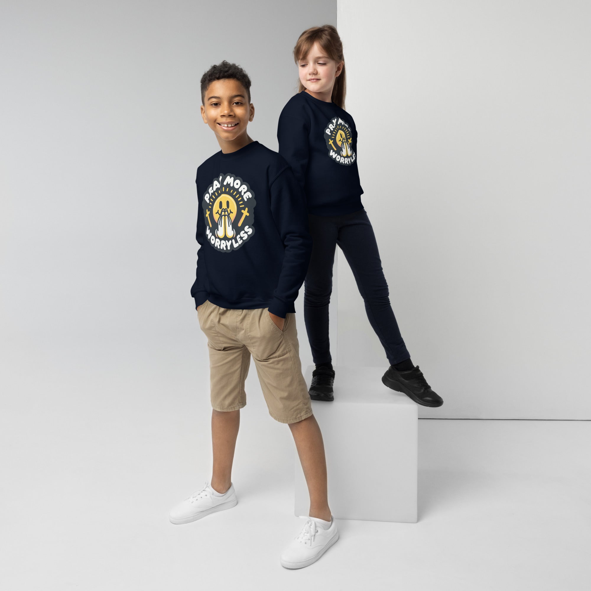 "Pray More, Worry Less" Christian, Faith Based Crewneck for Youth