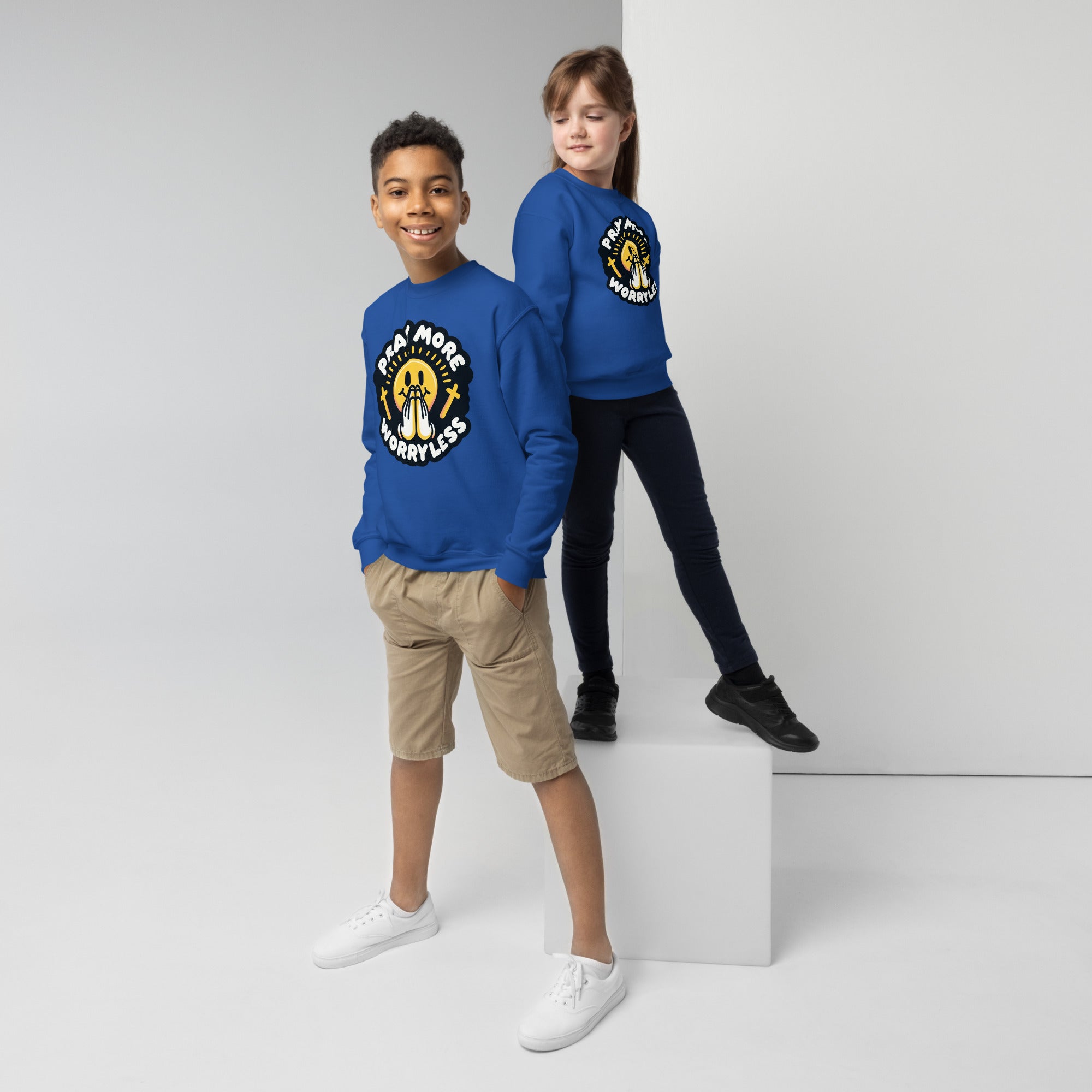 "Pray More, Worry Less" Christian, Faith Based Crewneck for Youth
