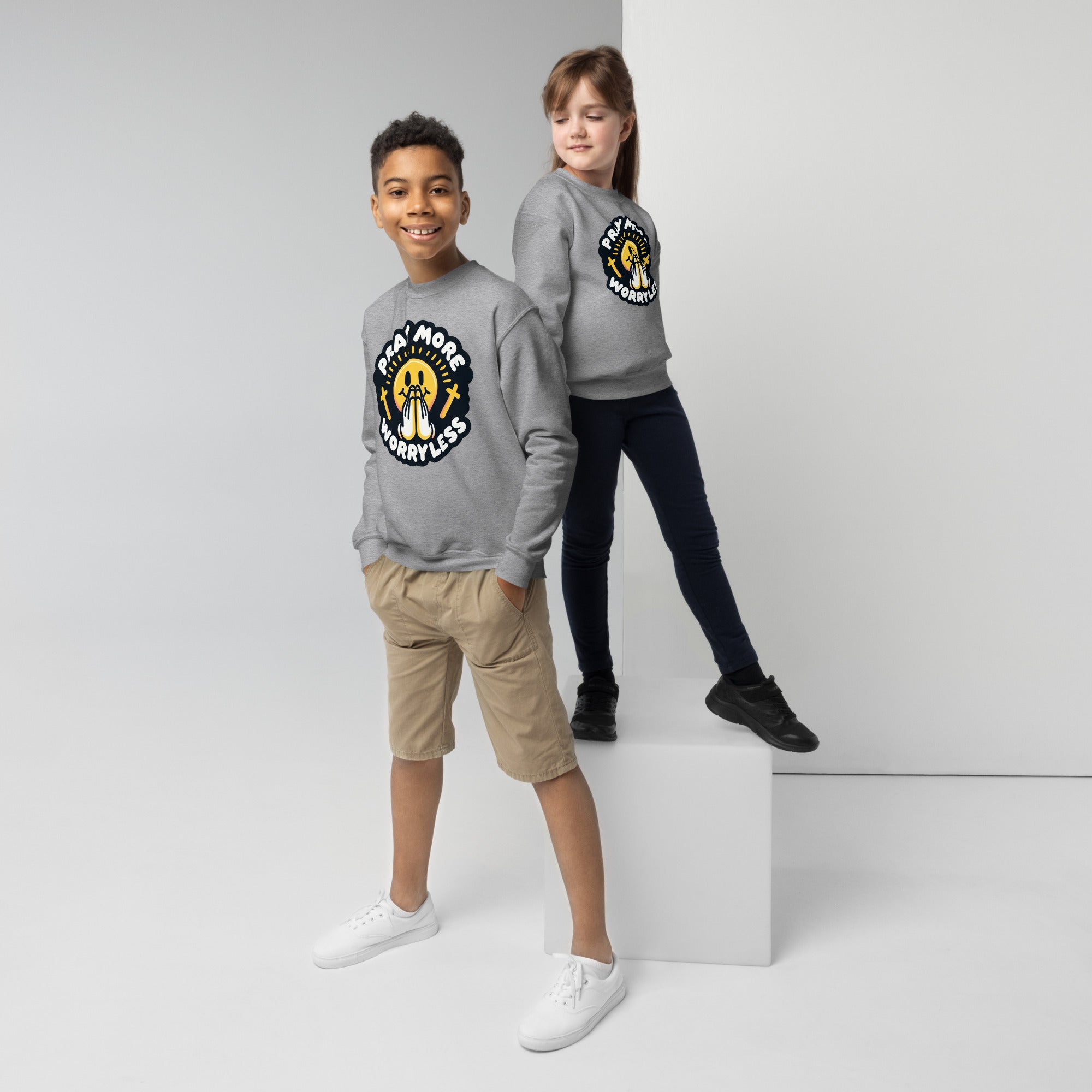 "Pray More, Worry Less" Christian, Faith Based Crewneck for Youth