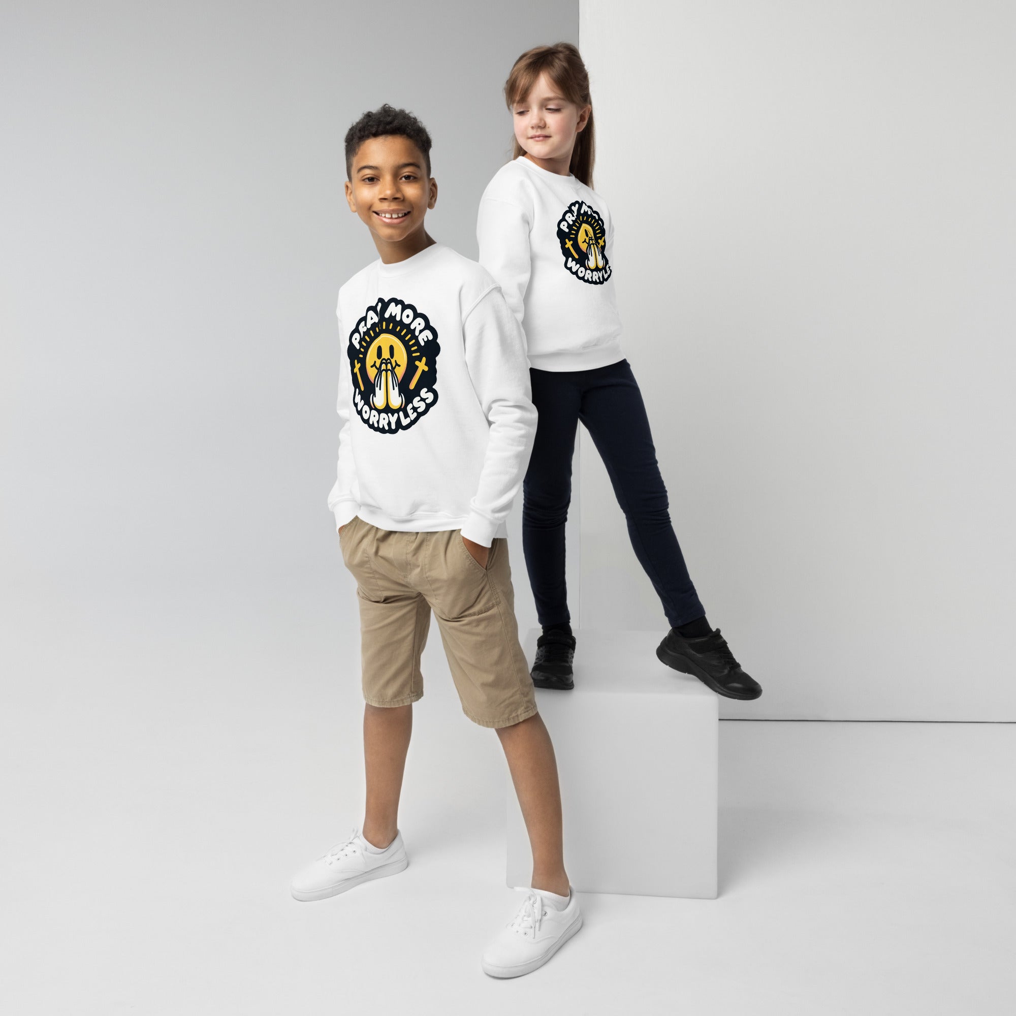 "Pray More, Worry Less" Christian, Faith Based Crewneck for Youth